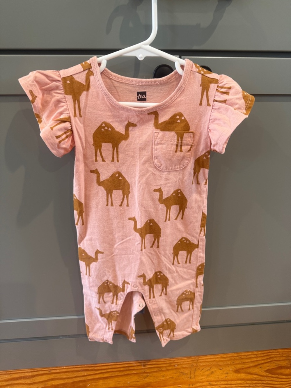 Tea Collection Pink Romper with Camel Print